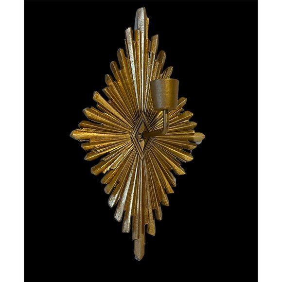 RARE MCM Hollywood Syroco Wood Gold Starburst Wall Sconces with Wood Candles - Picture 3 of 9